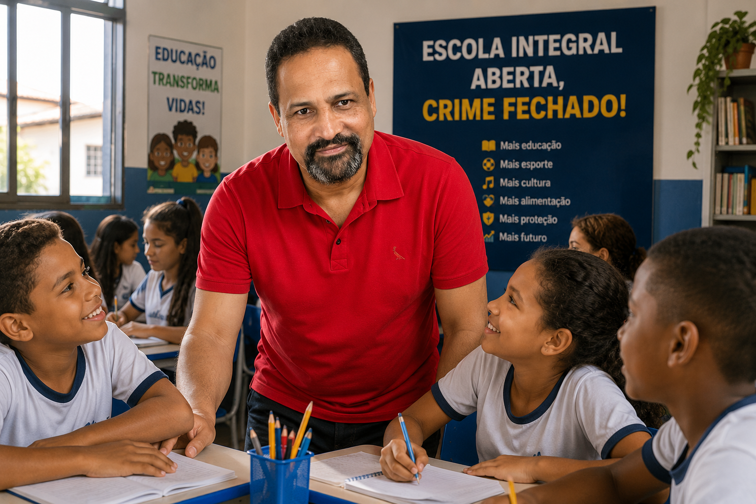 Gleibe de Andrade com estudantes em uma escola